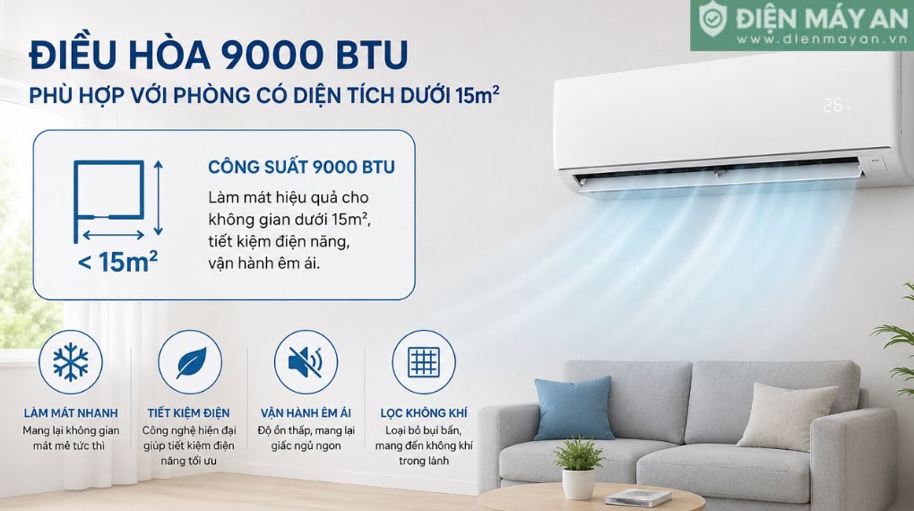 Điều hòa 9000BTU tiêu thụ bao nhiêu điện 1 tháng? Cách tính chi tiết & tiết kiệm nhất